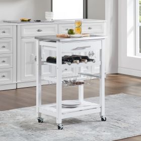Mobile Rolling Kitchen Island Trolley Serving Cart with Underneath Drawer & Slide-Out Wire Storage Basket (Main Color: White, Main Material: Wood + Stainless Steel)